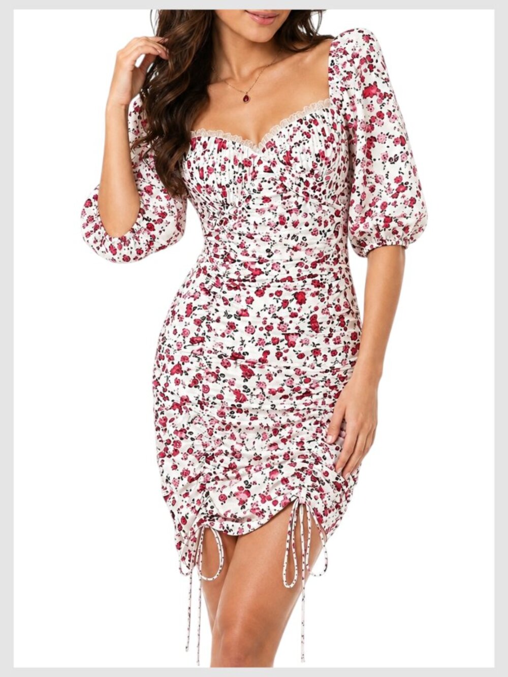 For Love & Lemons Melrose Mini Dress White Red Floral Ruched S